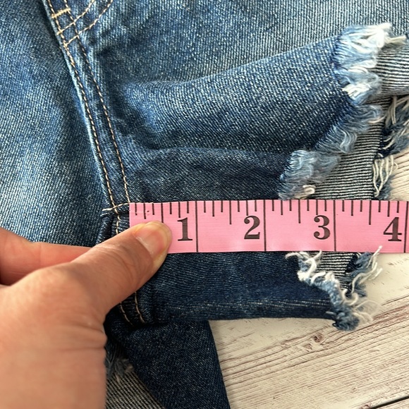 Pinkblush Dark Wash Heavily Distressed Raw Hem Full Panel Maternity Jean Shorts - Picture 9 of 11